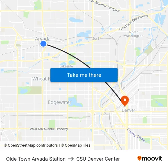 Olde Town Arvada Station to CSU Denver Center map