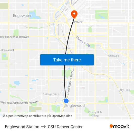 Englewood Station to CSU Denver Center map