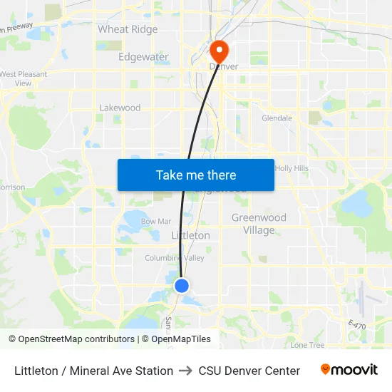 Littleton / Mineral Ave Station to CSU Denver Center map