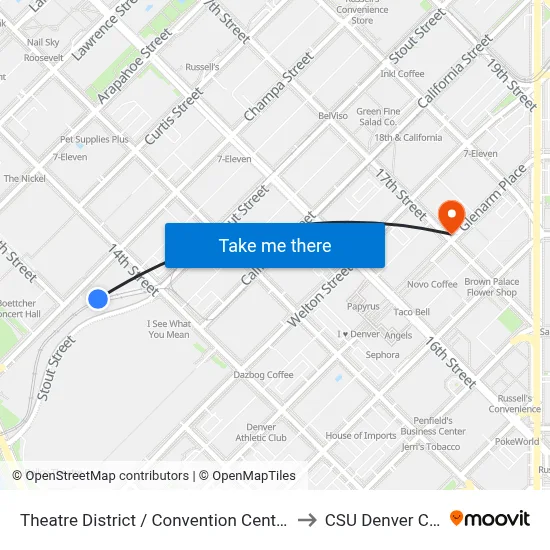 Theatre District / Convention Center Station to CSU Denver Center map