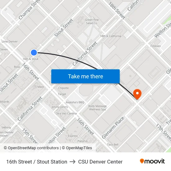 16th Street / Stout Station to CSU Denver Center map