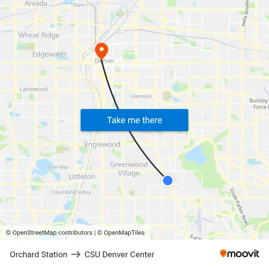 Orchard Station to CSU Denver Center map