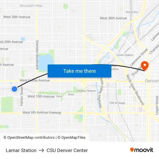 Lamar Station to CSU Denver Center map