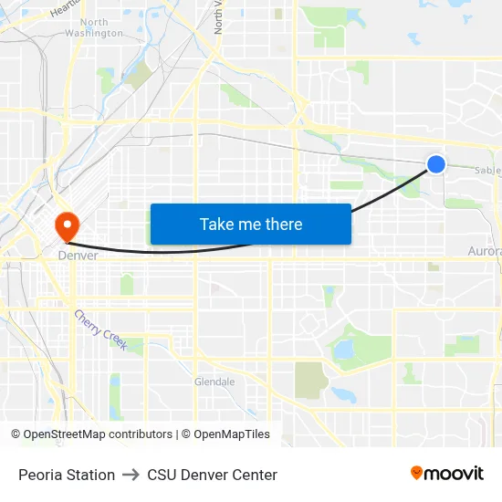 Peoria Station to CSU Denver Center map
