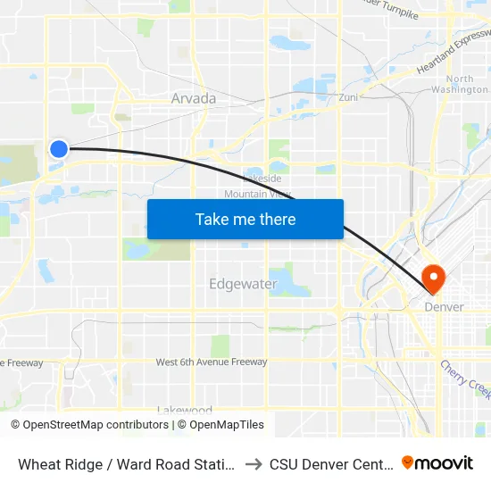 Wheat Ridge / Ward Road Station to CSU Denver Center map