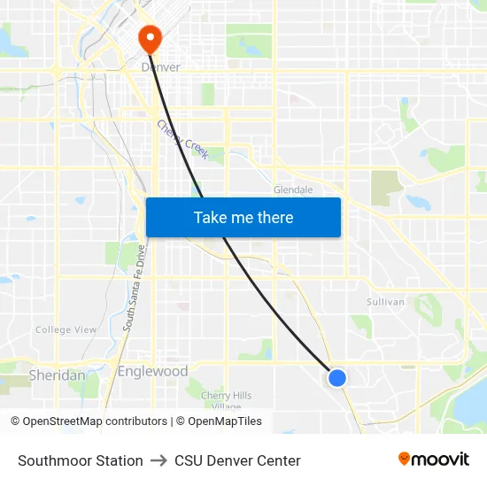 Southmoor Station to CSU Denver Center map
