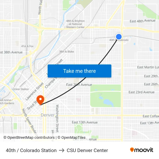 40th / Colorado Station to CSU Denver Center map