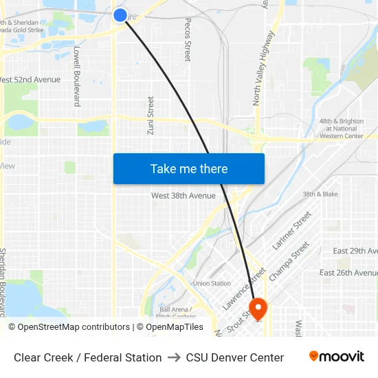 Clear Creek / Federal Station to CSU Denver Center map