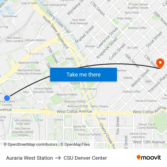 Auraria West Station to CSU Denver Center map