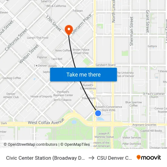 Civic Center Station (Broadway Drop-Off) to CSU Denver Center map