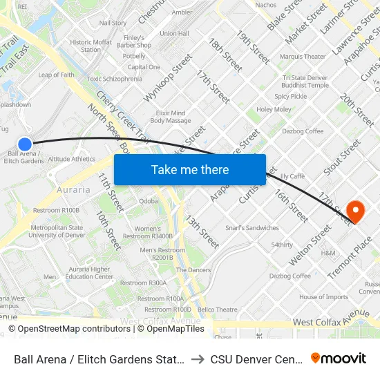 Ball Arena / Elitch Gardens Station to CSU Denver Center map