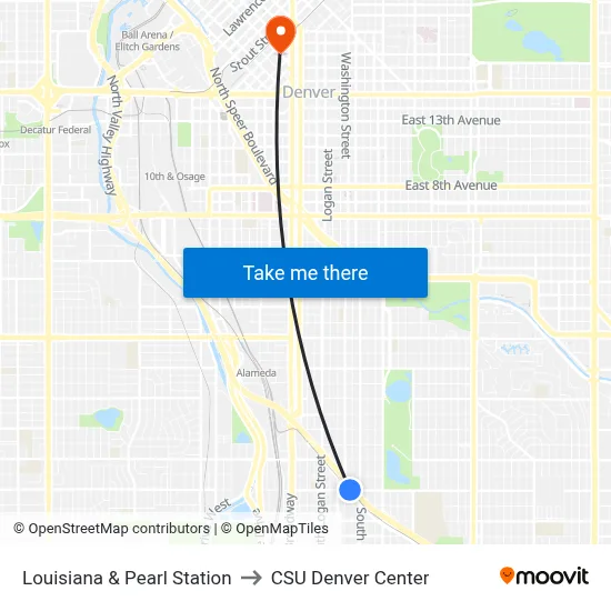 Louisiana & Pearl Station to CSU Denver Center map