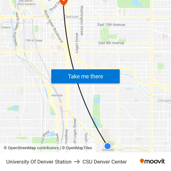 University Of Denver Station to CSU Denver Center map