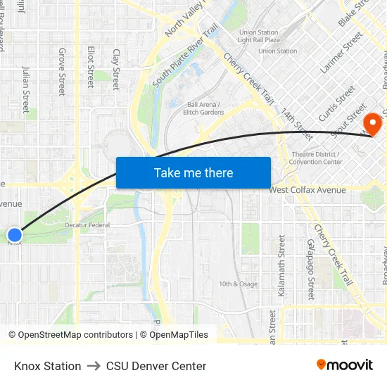 Knox Station to CSU Denver Center map
