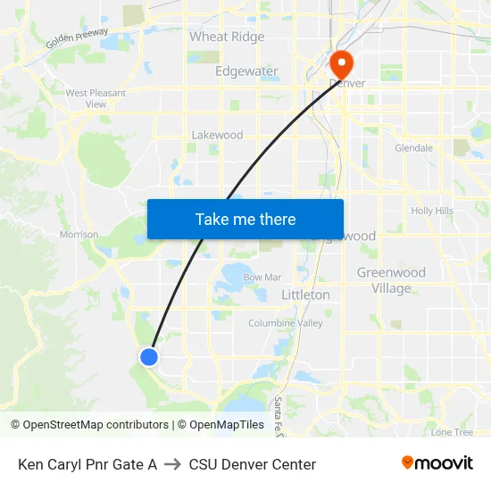 Ken Caryl Pnr Gate A to CSU Denver Center map