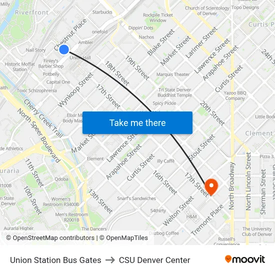 Union Station Bus Gates to CSU Denver Center map