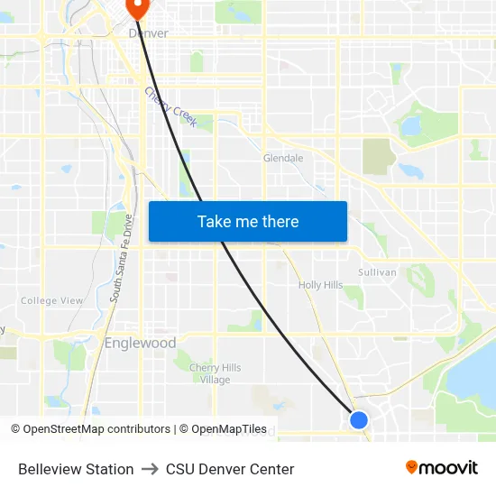 Belleview Station to CSU Denver Center map