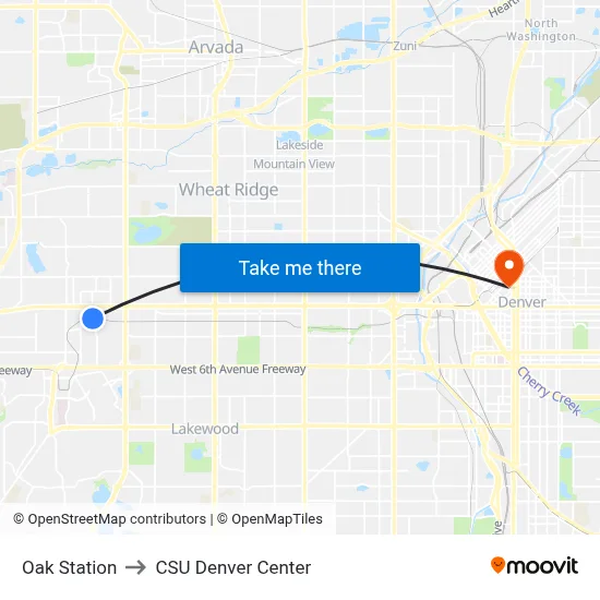 Oak Station to CSU Denver Center map
