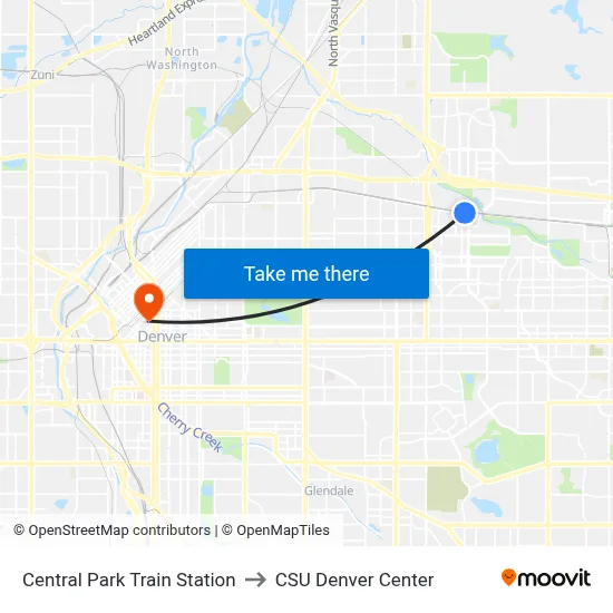 Central Park Train Station to CSU Denver Center map