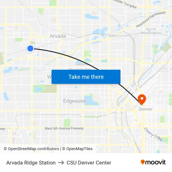 Arvada Ridge Station to CSU Denver Center map