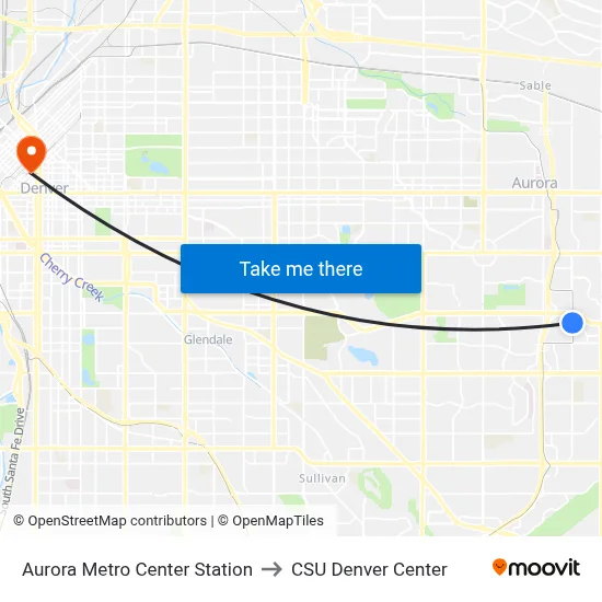 Aurora Metro Center Station to CSU Denver Center map