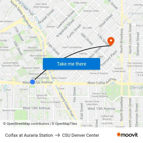 Colfax at Auraria Station to CSU Denver Center map