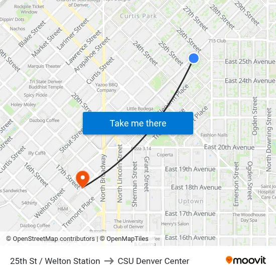 25th St / Welton Station to CSU Denver Center map