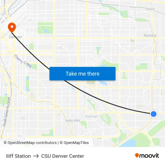 Iliff Station to CSU Denver Center map