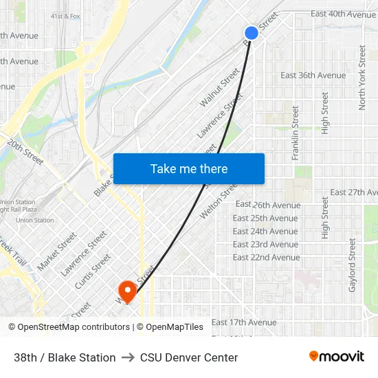 38th / Blake Station to CSU Denver Center map