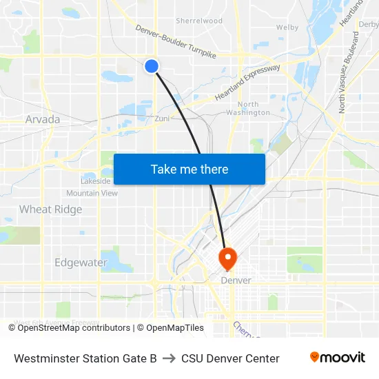 Westminster Station Gate B to CSU Denver Center map