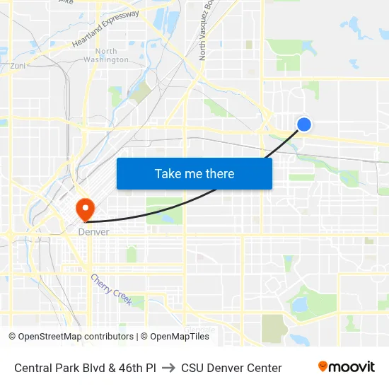 Central Park Blvd & 46th Pl to CSU Denver Center map