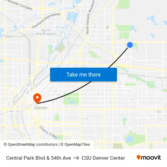 Central Park Blvd & 54th Ave to CSU Denver Center map
