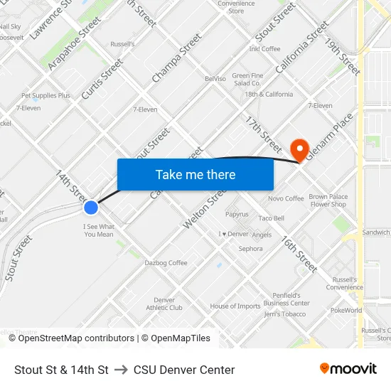 Stout St & 14th St to CSU Denver Center map