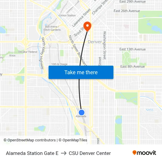 Alameda Station Gate E to CSU Denver Center map