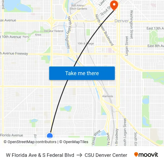 W Florida Ave & S Federal Blvd to CSU Denver Center map