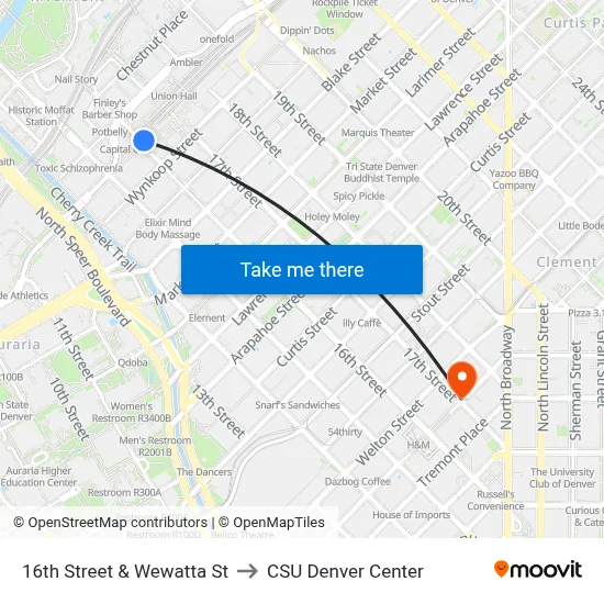 16th Street & Wewatta St to CSU Denver Center map
