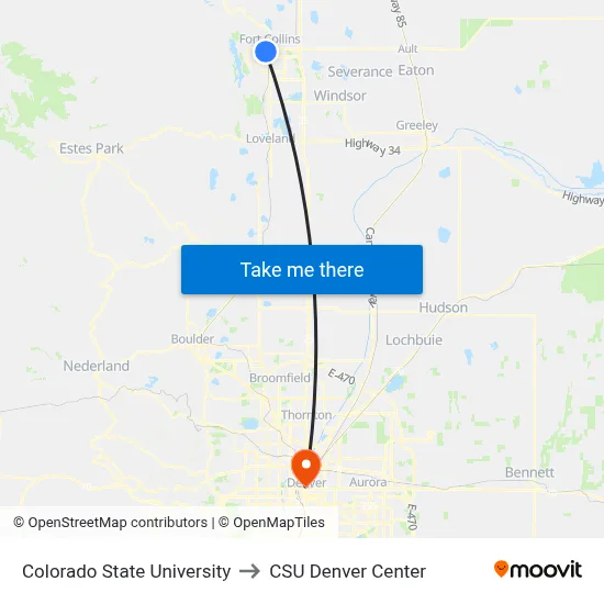 Colorado State University to CSU Denver Center map