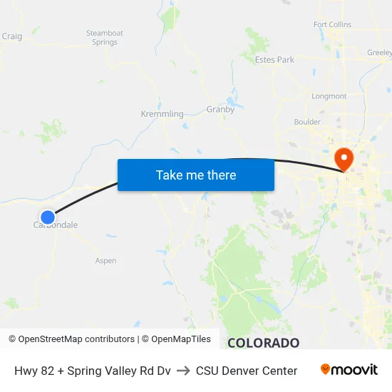 Hwy 82 + Spring Valley Rd Dv to CSU Denver Center map