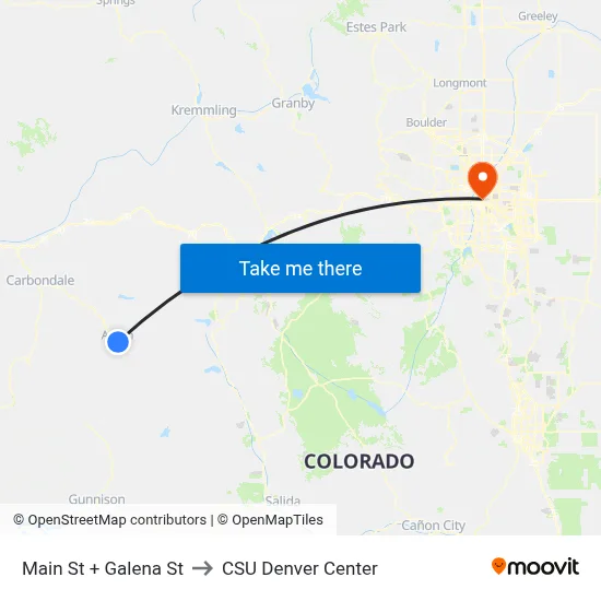 Main St + Galena St to CSU Denver Center map
