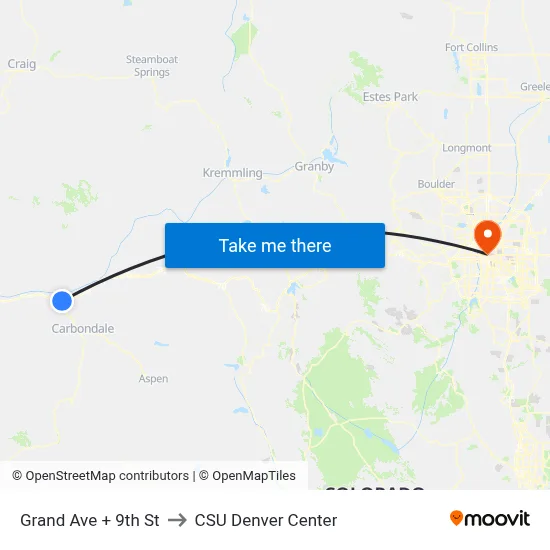 Grand Ave + 9th St to CSU Denver Center map