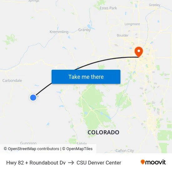 Hwy 82 + Roundabout Dv to CSU Denver Center map