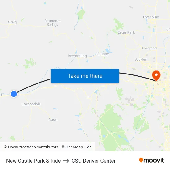 New Castle Park & Ride to CSU Denver Center map