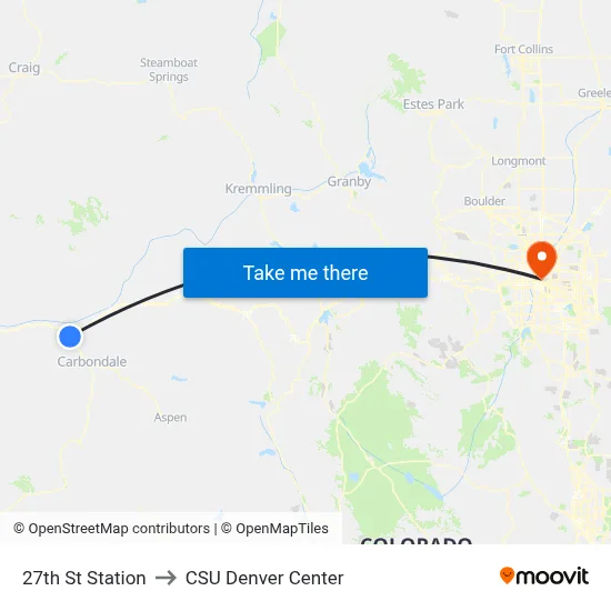 27th St Station to CSU Denver Center map