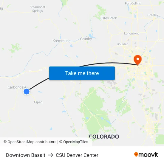 Downtown Basalt to CSU Denver Center map