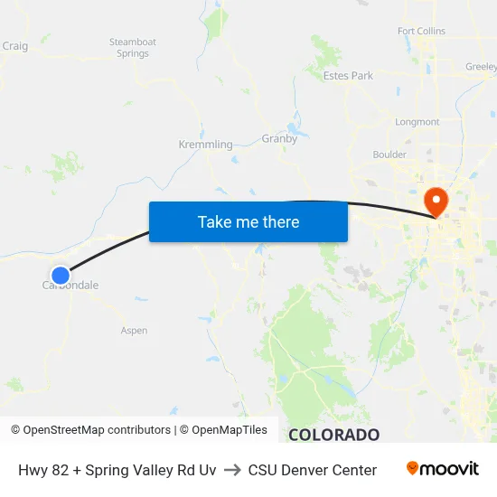 Hwy 82 + Spring Valley Rd Uv to CSU Denver Center map