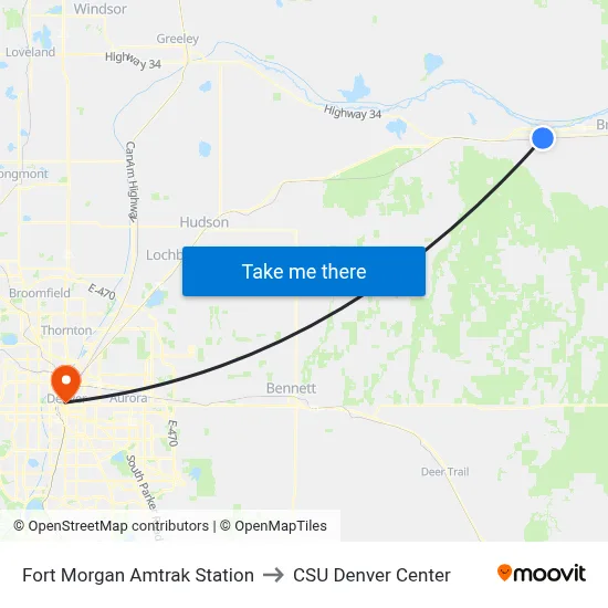 Fort Morgan Amtrak Station to CSU Denver Center map