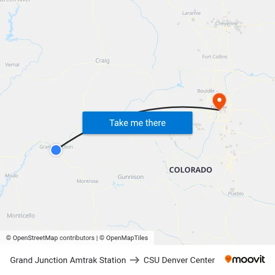 Grand Junction Amtrak Station to CSU Denver Center map