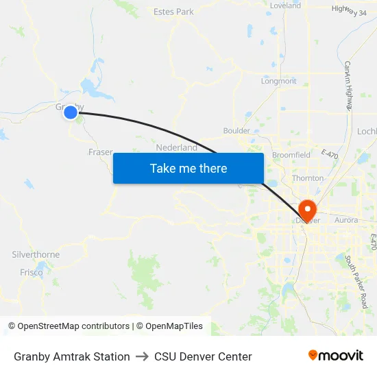 Granby Amtrak Station to CSU Denver Center map