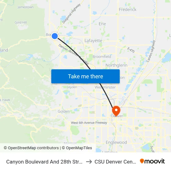 Canyon Boulevard And 28th Street to CSU Denver Center map