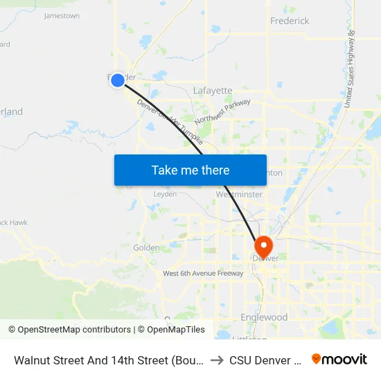 Walnut Street And 14th Street (Boulder Station) to CSU Denver Center map